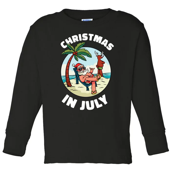 Funny Christmas In July Summer Santa On Beach Xmas Toddler Long Sleeve Shirt