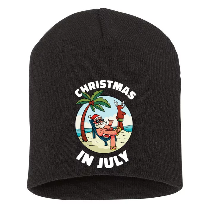 Funny Christmas In July Summer Santa On Beach Xmas Short Acrylic Beanie