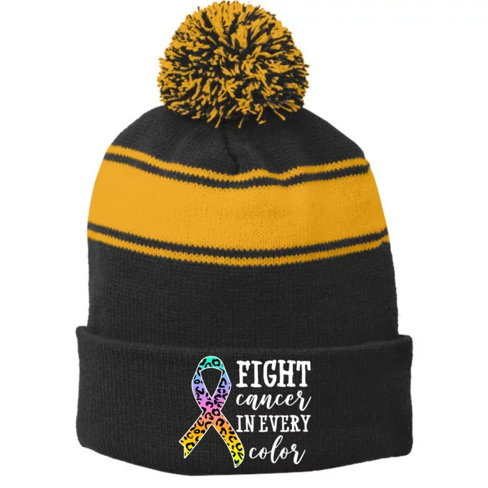 Fight Cancer In Every Color Ribbon Stripe Pom Pom Beanie