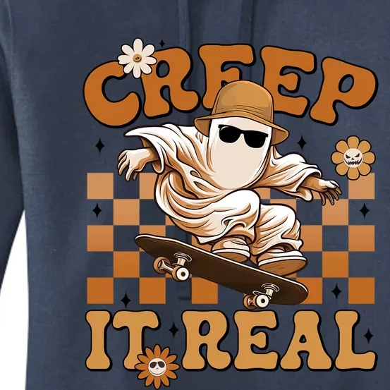 Funny Creep It Real Cute Ghost Skateboard Halloween Costume Gift Women's Pullover Hoodie