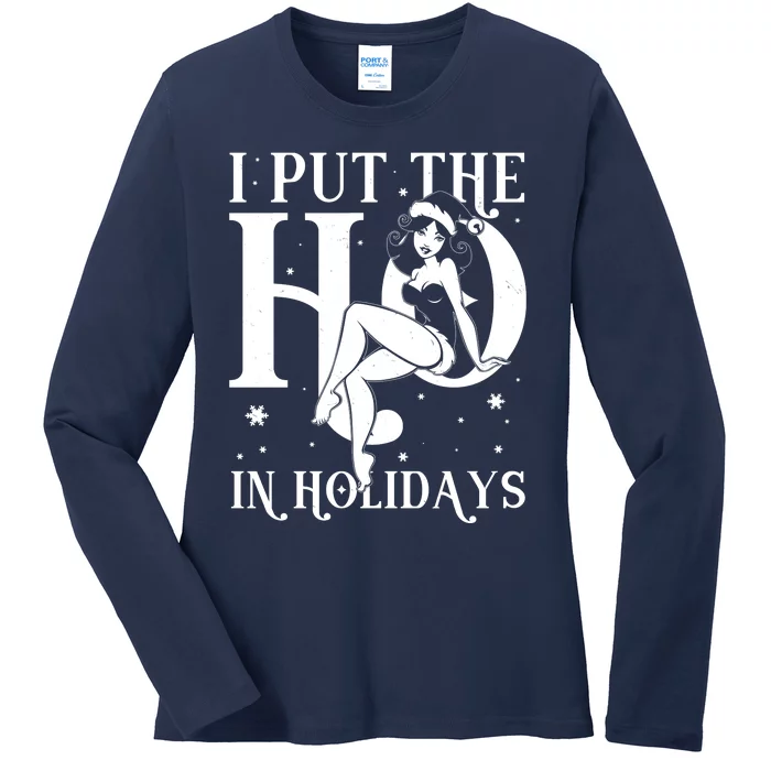 Funny Christmas I Put The Ho In Holidays Pin Up Girl Ladies Long Sleeve Shirt