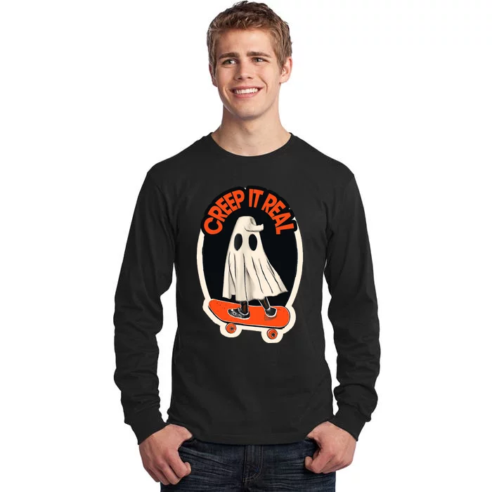 Funny Creep It Real Skateboarding Ghost Halloween Boo Spooky Tall Long Sleeve T-Shirt