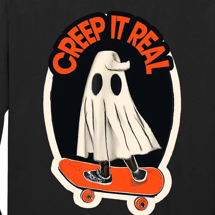 Funny Creep It Real Skateboarding Ghost Halloween Boo Spooky Tall Long Sleeve T-Shirt