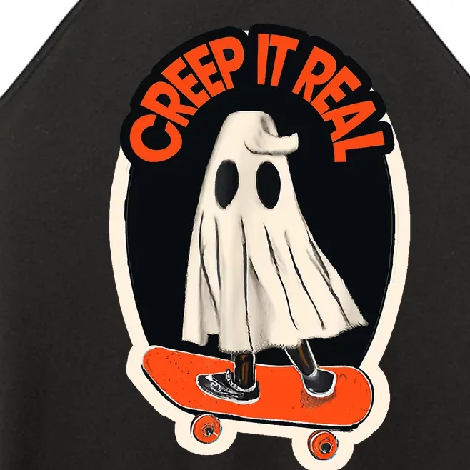 Funny Creep It Real Skateboarding Ghost Halloween Boo Spooky Women’s Perfect Tri Rocker Tank