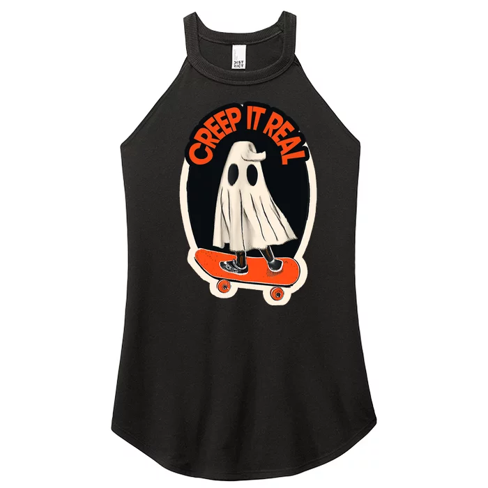 Funny Creep It Real Skateboarding Ghost Halloween Boo Spooky Women’s Perfect Tri Rocker Tank