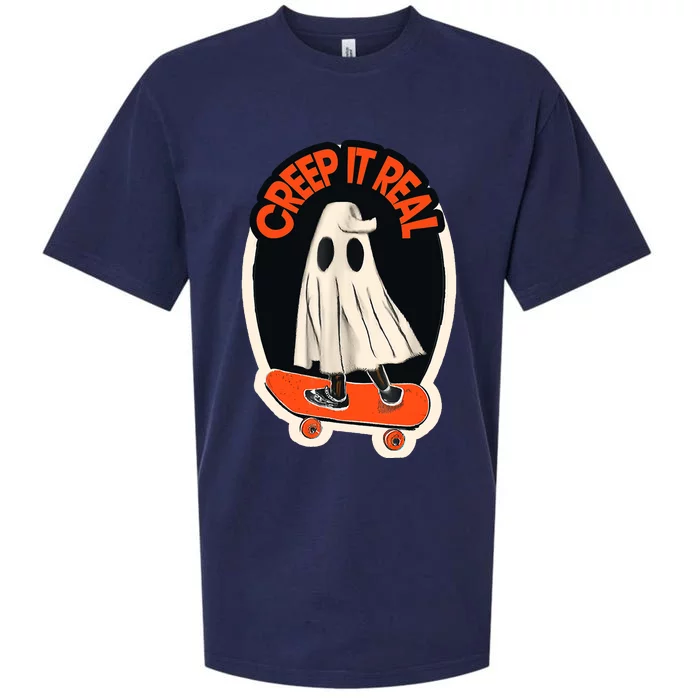 Funny Creep It Real Skateboarding Ghost Halloween Boo Spooky Sueded Cloud Jersey T-Shirt