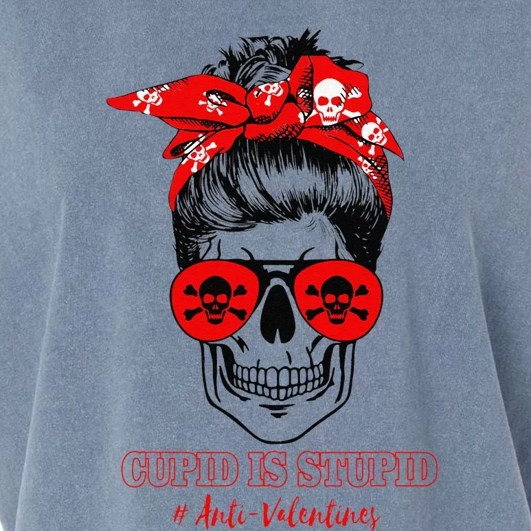 Funny Cupid Is Stupid Messy Bun Skull Anti Valentine's Day Love Garment-Dyed Women's Muscle Tee