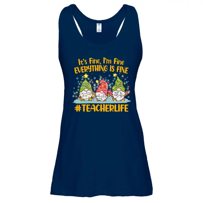 Funny Christmas It's Fine I'm Fine Everything Is Fine Gnomes #Teacher Life Ladies Essential Flowy Tank