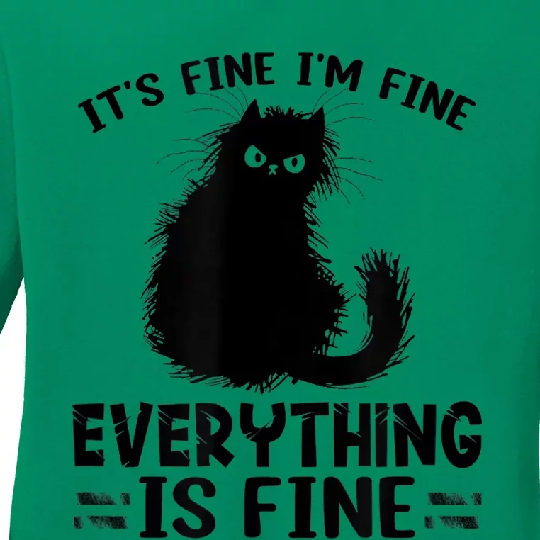 Funny cat It's Fine I'm Fine Everything Is Fine Meow Kitty Ladies Long Sleeve Shirt