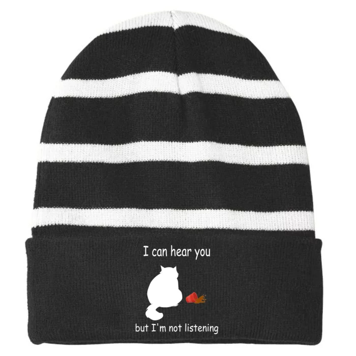 Funny Cat I Can Hear You But Im Listening Cat And Coffee Striped Beanie with Solid Band