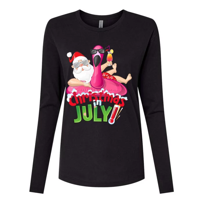 Funny Christmas In July Summer Flamingo Float Xmas Womens Cotton Relaxed Long Sleeve T-Shirt