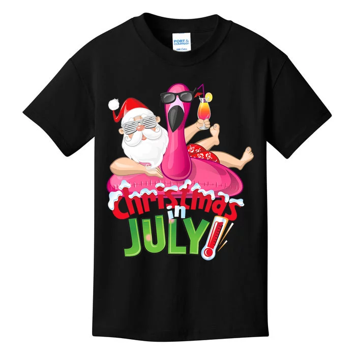 Funny Christmas In July Summer Flamingo Float Xmas Kids T-Shirt