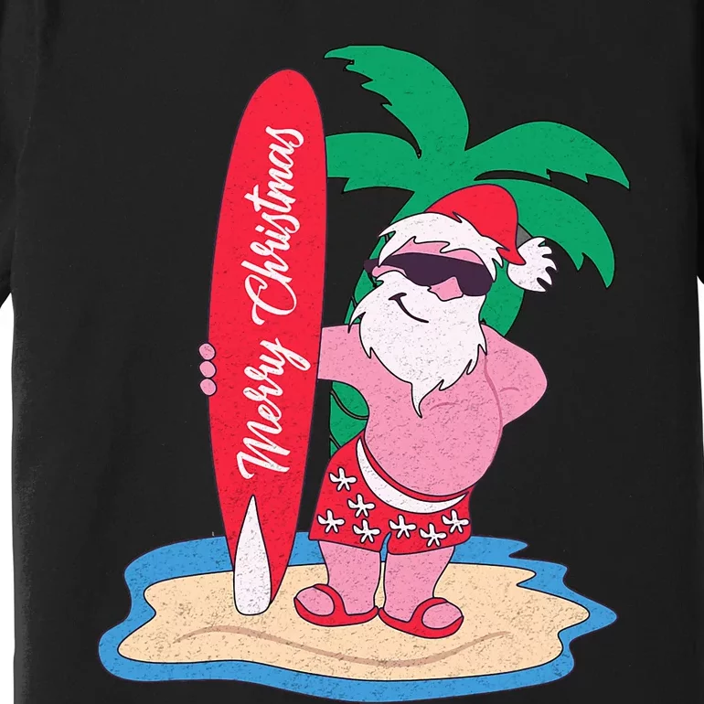 Funny Christmas In July Santa Claus Surfing On The Beach Premium T-Shirt