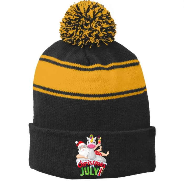 Funny Christmas In July Summer Unicorn Float Xmas Santa Summer Stripe Pom Pom Beanie