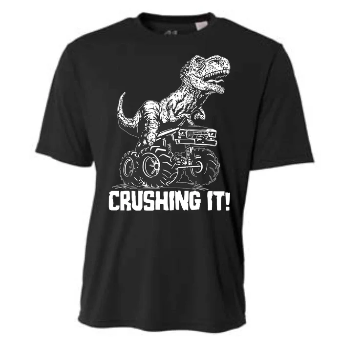 Funny Crushing It T Rex Dinosaur In Monster Truck Cooling Performance Crew T-Shirt