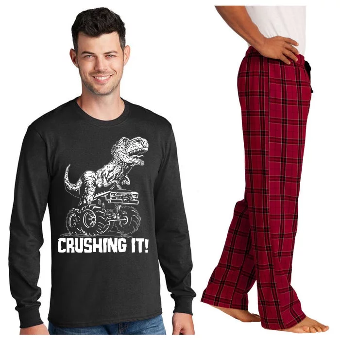 Funny Crushing It T Rex Dinosaur In Monster Truck Long Sleeve Pajama Set