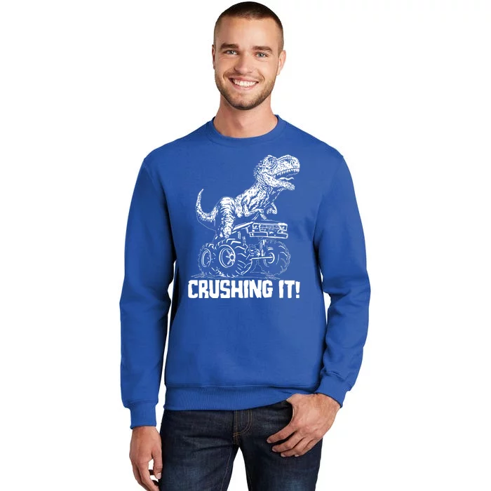 Funny Crushing It T Rex Dinosaur In Monster Truck Tall Sweatshirt