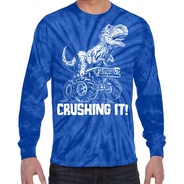 Funny Crushing It T Rex Dinosaur In Monster Truck Tie-Dye Long Sleeve Shirt