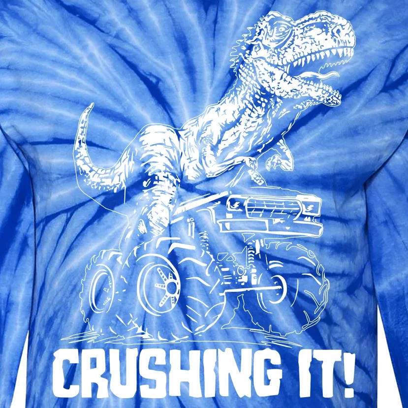 Funny Crushing It T Rex Dinosaur In Monster Truck Tie-Dye Long Sleeve Shirt