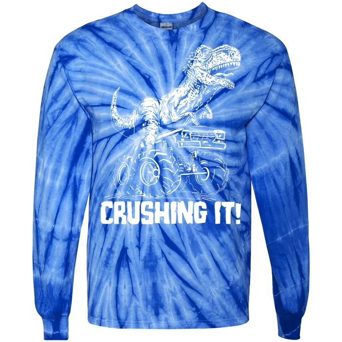 Funny Crushing It T Rex Dinosaur In Monster Truck Tie-Dye Long Sleeve Shirt