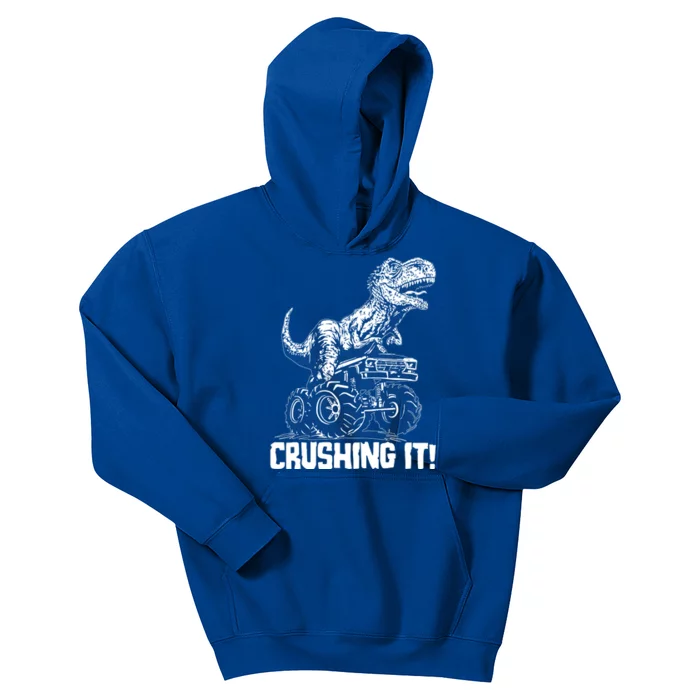 Funny Crushing It T Rex Dinosaur In Monster Truck Kids Hoodie