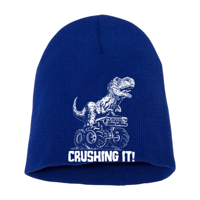 Funny Crushing It T Rex Dinosaur In Monster Truck Short Acrylic Beanie