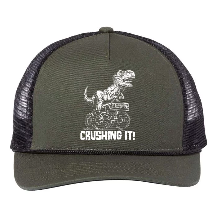 Funny Crushing It T Rex Dinosaur In Monster Truck Retro Rope Trucker Hat Cap