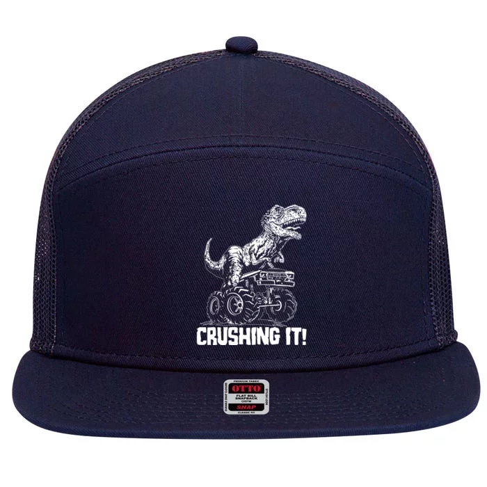 Funny Crushing It T Rex Dinosaur In Monster Truck 7 Panel Mesh Trucker Snapback Hat