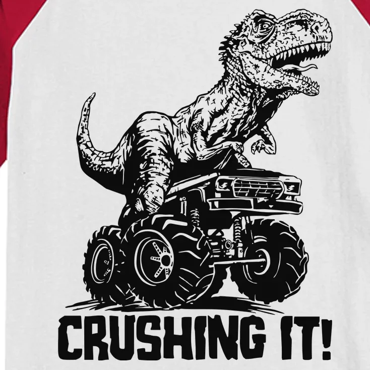 Funny Crushing It T Rex Dinosaur In Monster Truck Kids Colorblock Raglan Jersey