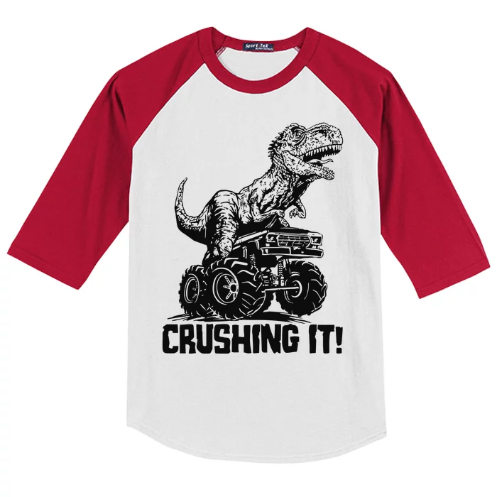 Funny Crushing It T Rex Dinosaur In Monster Truck Kids Colorblock Raglan Jersey