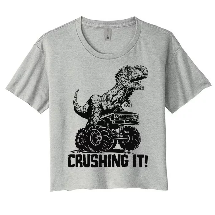 Funny Crushing It T Rex Dinosaur In Monster Truck Women's Crop Top Tee