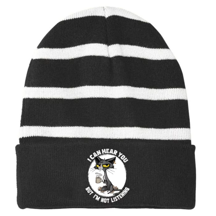 Funny Cat I Can Hear You But Im Listening Cat And Coffee Striped Beanie with Solid Band