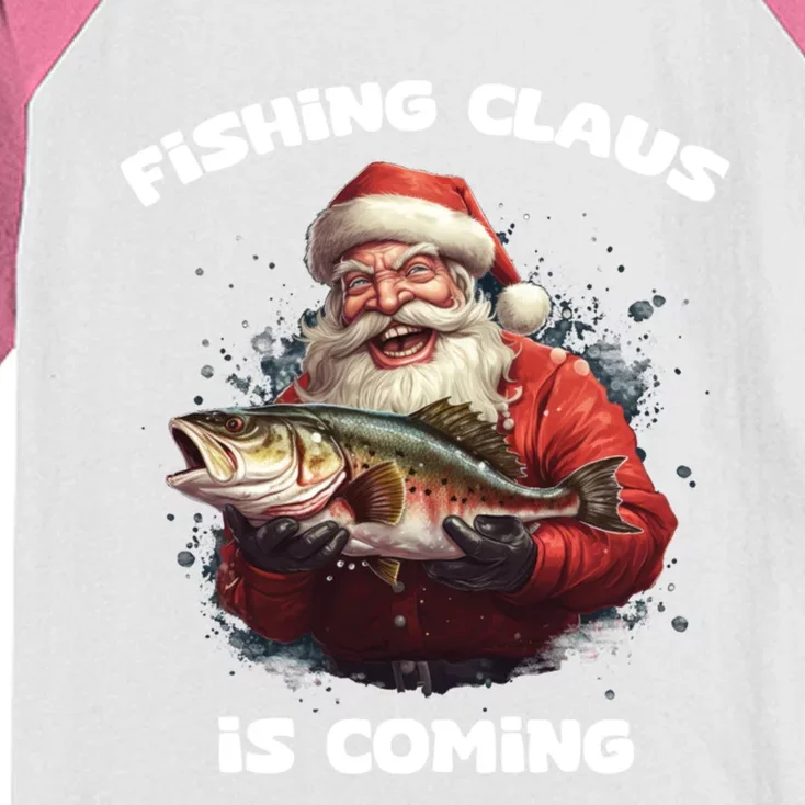 Fishing Claus Is Coming SantaS Angler Gift Kids Colorblock Raglan Jersey