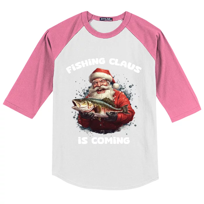 Fishing Claus Is Coming SantaS Angler Gift Kids Colorblock Raglan Jersey