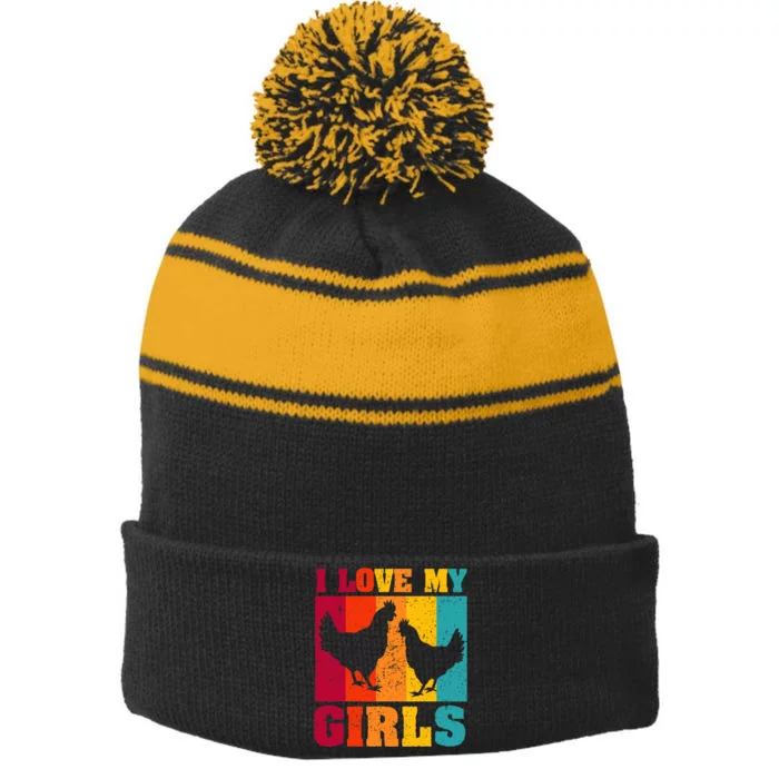 Funny Chicken I Love My Girls Poultry Chicken Farmer Gift Stripe Pom Pom Beanie