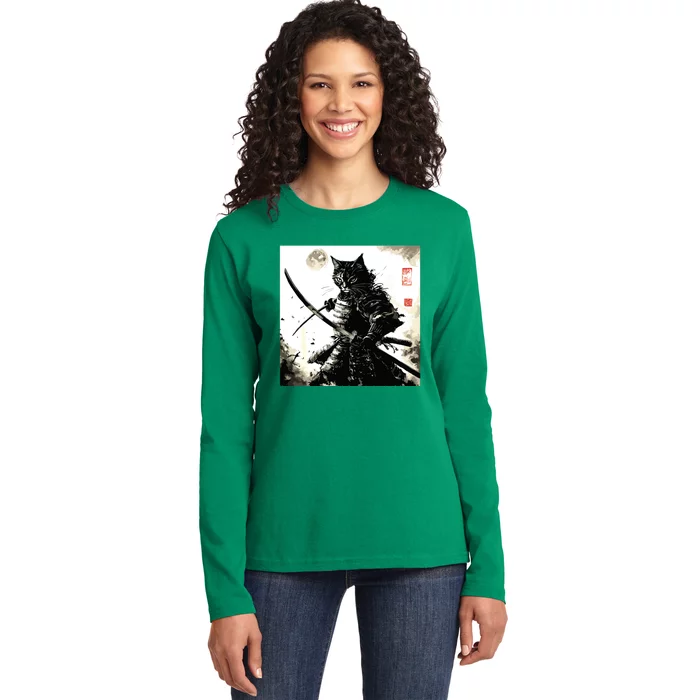 Funny Cat Japanese Samurai Ukiyoe Art Ladies Long Sleeve Shirt