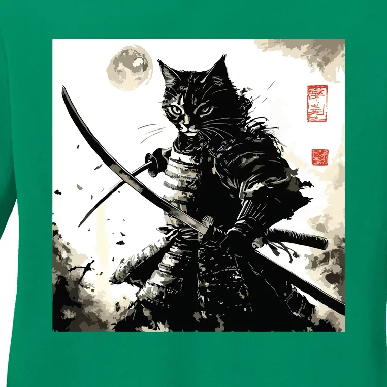 Funny Cat Japanese Samurai Ukiyoe Art Ladies Long Sleeve Shirt