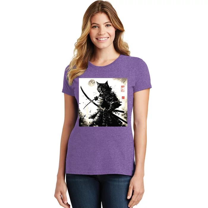 Funny Cat Japanese Samurai Ukiyoe Art Women's T-Shirt