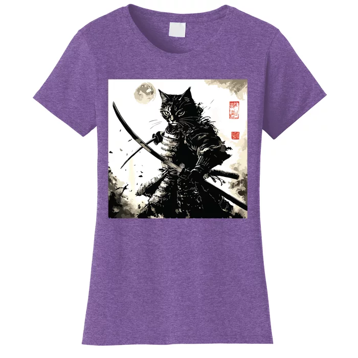 Funny Cat Japanese Samurai Ukiyoe Art Women's T-Shirt