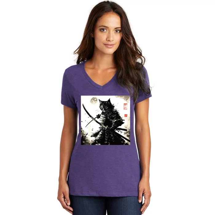 Funny Cat Japanese Samurai Ukiyoe Art Women's V-Neck T-Shirt