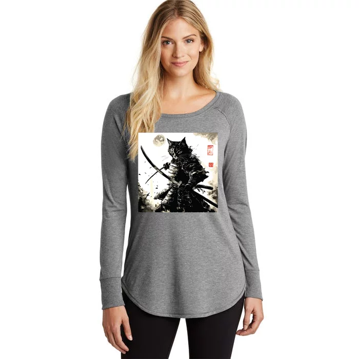 Funny Cat Japanese Samurai Ukiyoe Art Women's Perfect Tri Tunic Long Sleeve Shirt