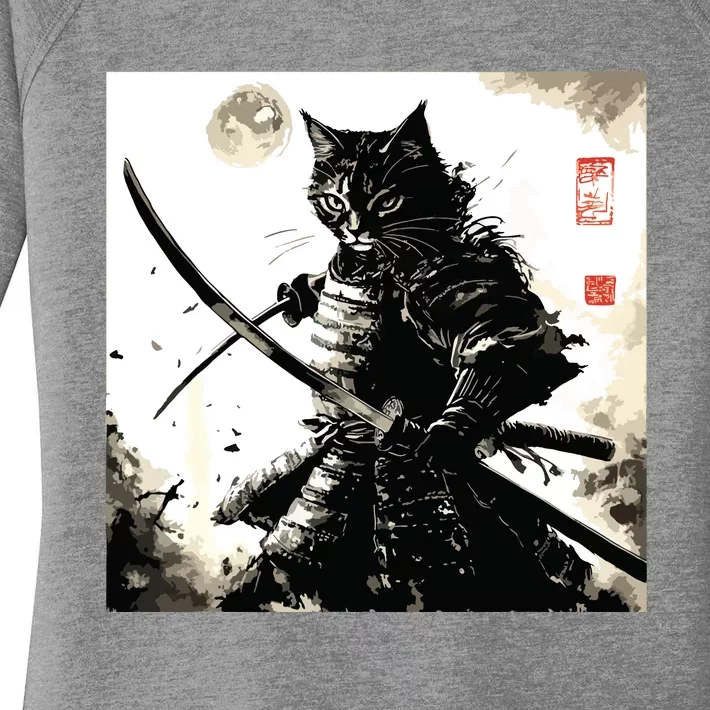 Funny Cat Japanese Samurai Ukiyoe Art Women's Perfect Tri Tunic Long Sleeve Shirt