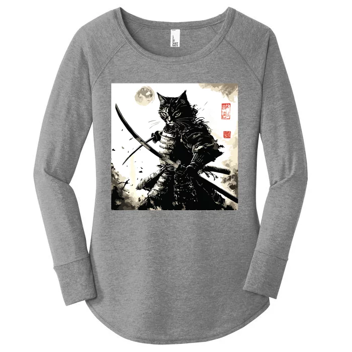 Funny Cat Japanese Samurai Ukiyoe Art Women's Perfect Tri Tunic Long Sleeve Shirt