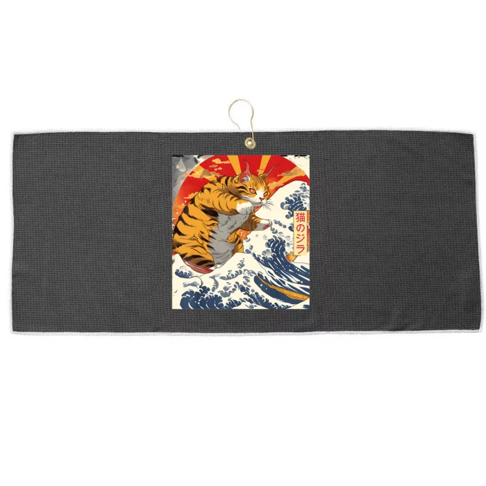 Funny Catzilla Japanese Art Anime Manga Cat Aesthetic Sunset Large Microfiber Waffle Golf Towel