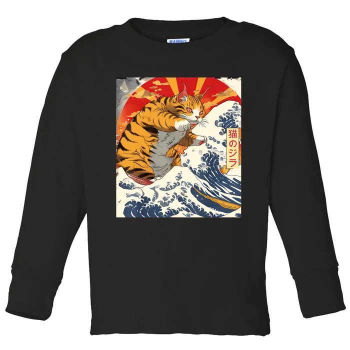 Funny Catzilla Japanese Art Anime Manga Cat Aesthetic Sunset Toddler Long Sleeve Shirt