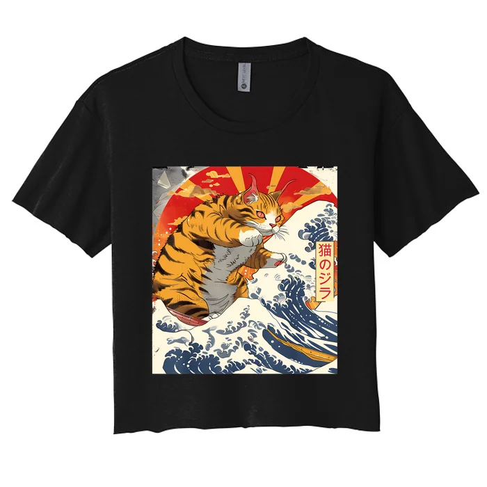 Funny Catzilla Japanese Art Anime Manga Cat Aesthetic Sunset Women's Crop Top Tee