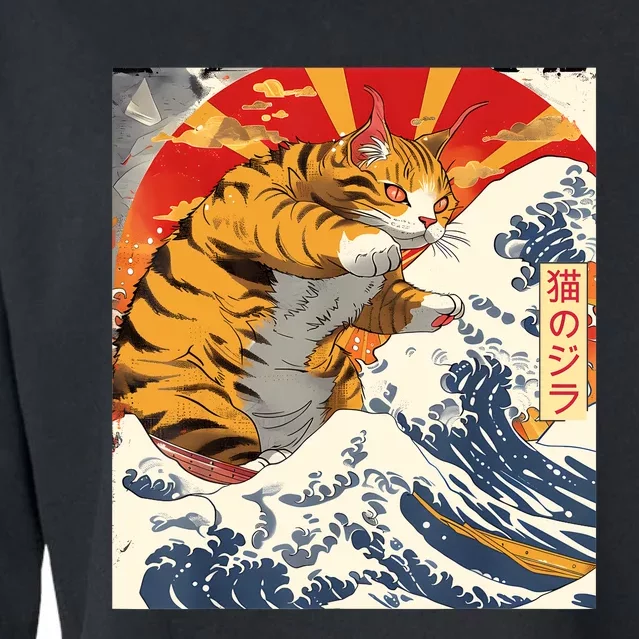 Funny Catzilla Japanese Art Anime Manga Cat Aesthetic Sunset Cropped Pullover Crew