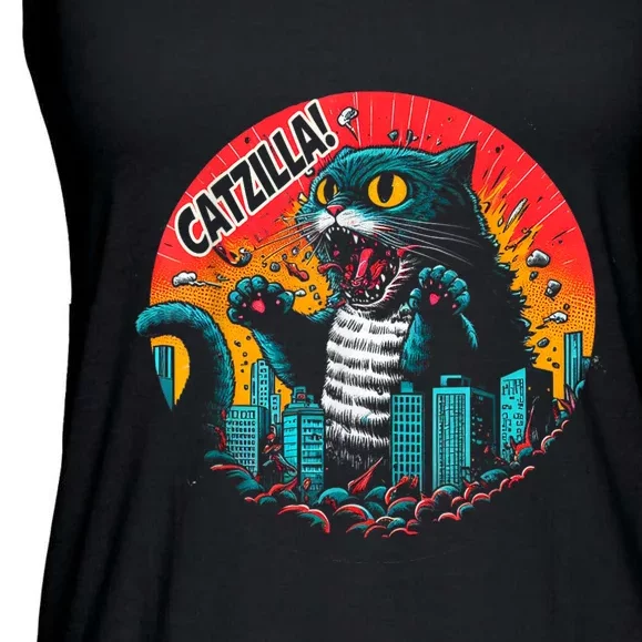 Funny Cat Japanese Catzilla Ladies Essential Flowy Tank