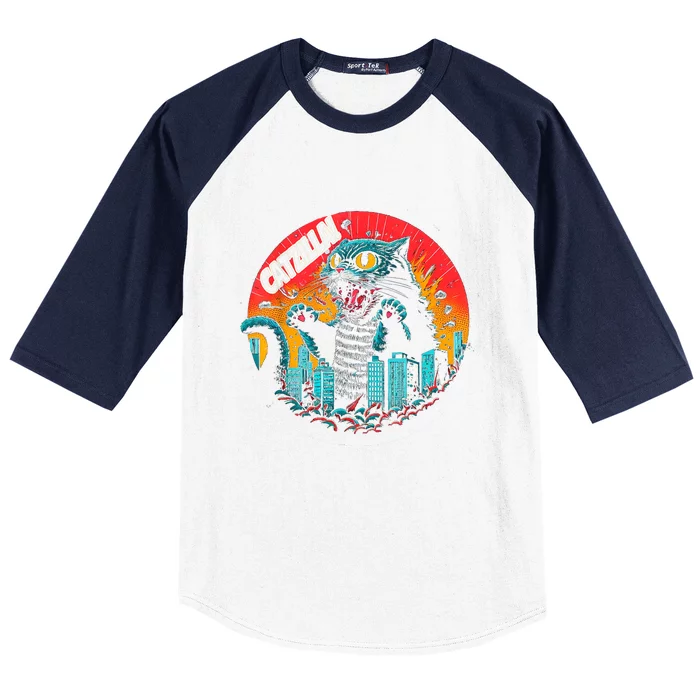 Funny Cat Japanese Catzilla Baseball Sleeve Shirt