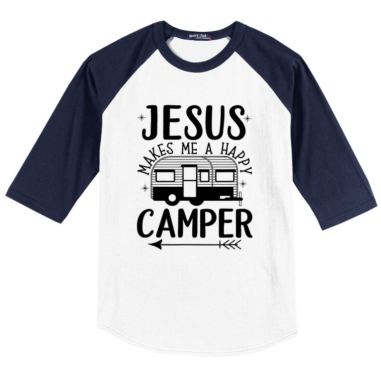 Funny Christian Jesus Makes Me A Happy Camper Baseball Sleeve Shirt